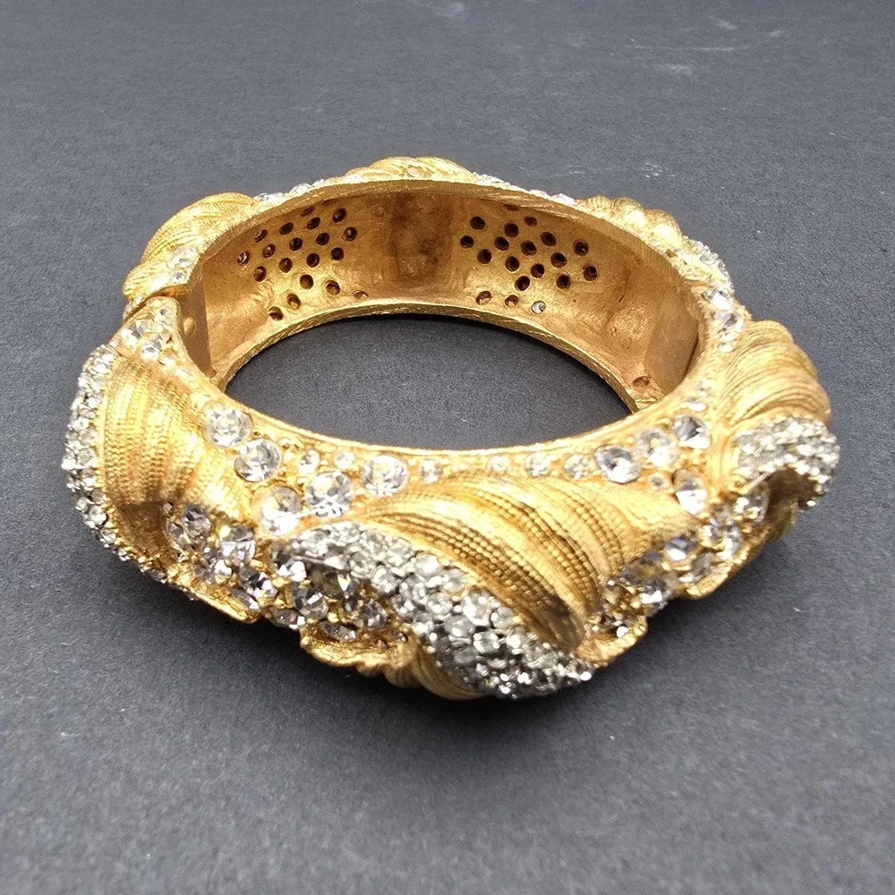 Vintage Cadoro Textured Gold Tone Wide Metal Bangle Bracelet Rhinestone Hinged